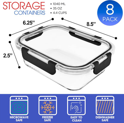 Glass Meal Prep Containers, Airtight Lids (8 Rectangular)