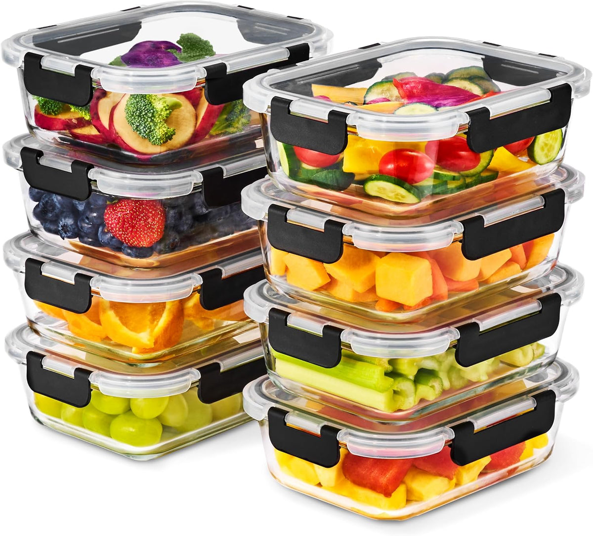 Glass Meal Prep Containers, Airtight Lids (8 Rectangular)