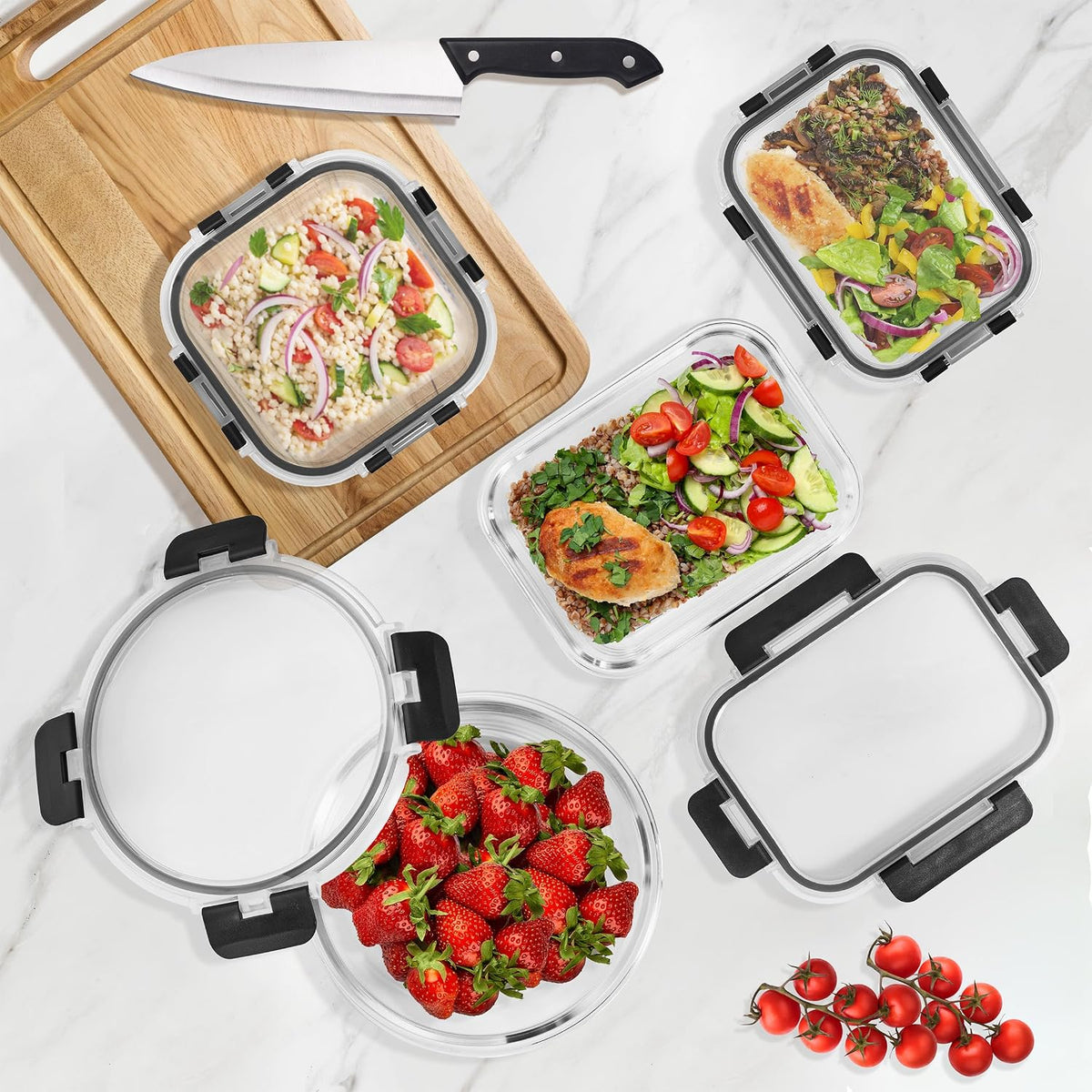 Glass Meal Prep Containers, Airtight Lids (8 Rectangular)